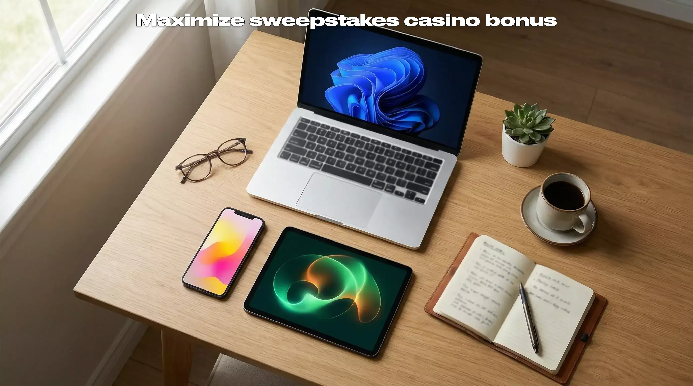 Multiple devices showing different sweepstakes casino platforms for bonus stacking