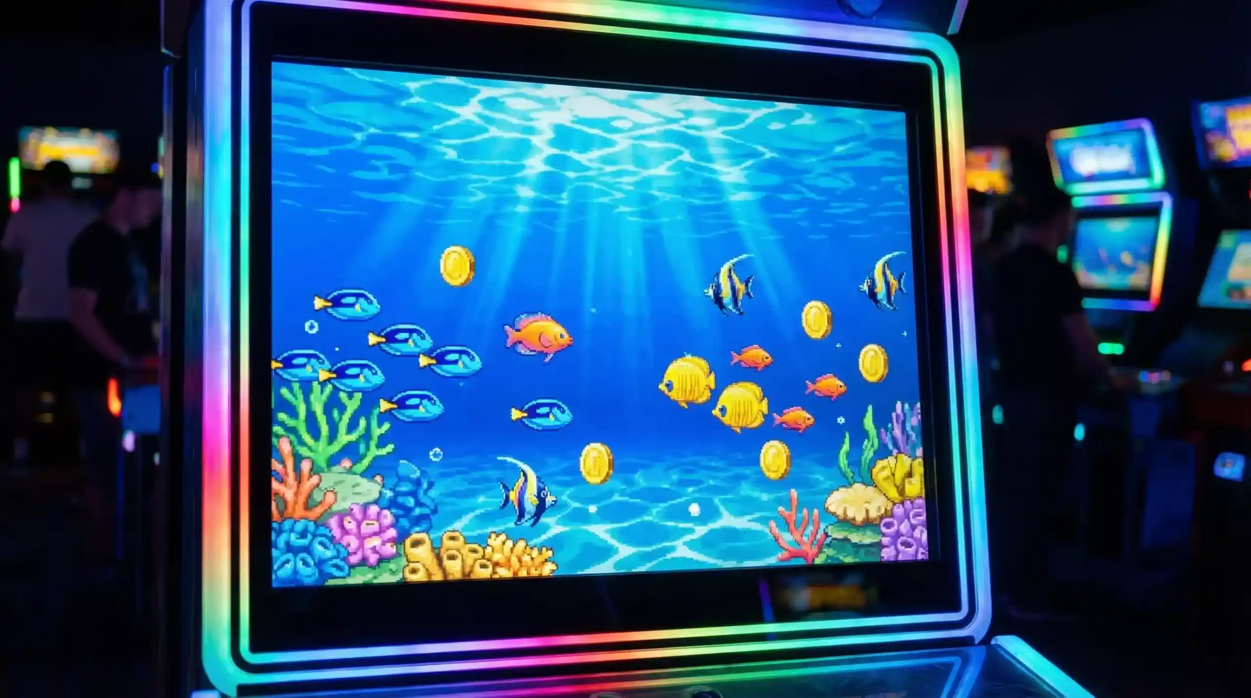 Colorful fish game arcade screen with underwater creatures and SC prizes